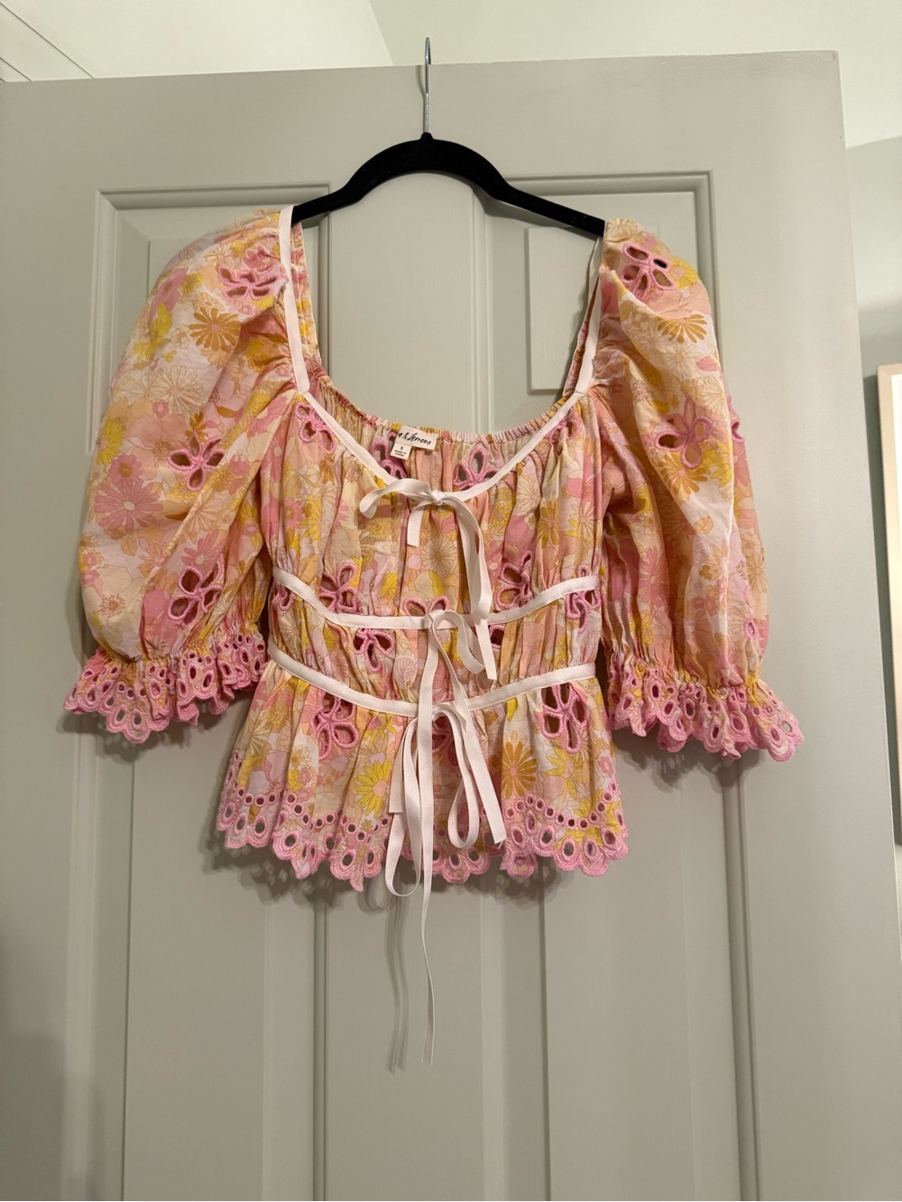 For Love & Lemons Pink and Yellow Eyelet Puff Sleeve Top
